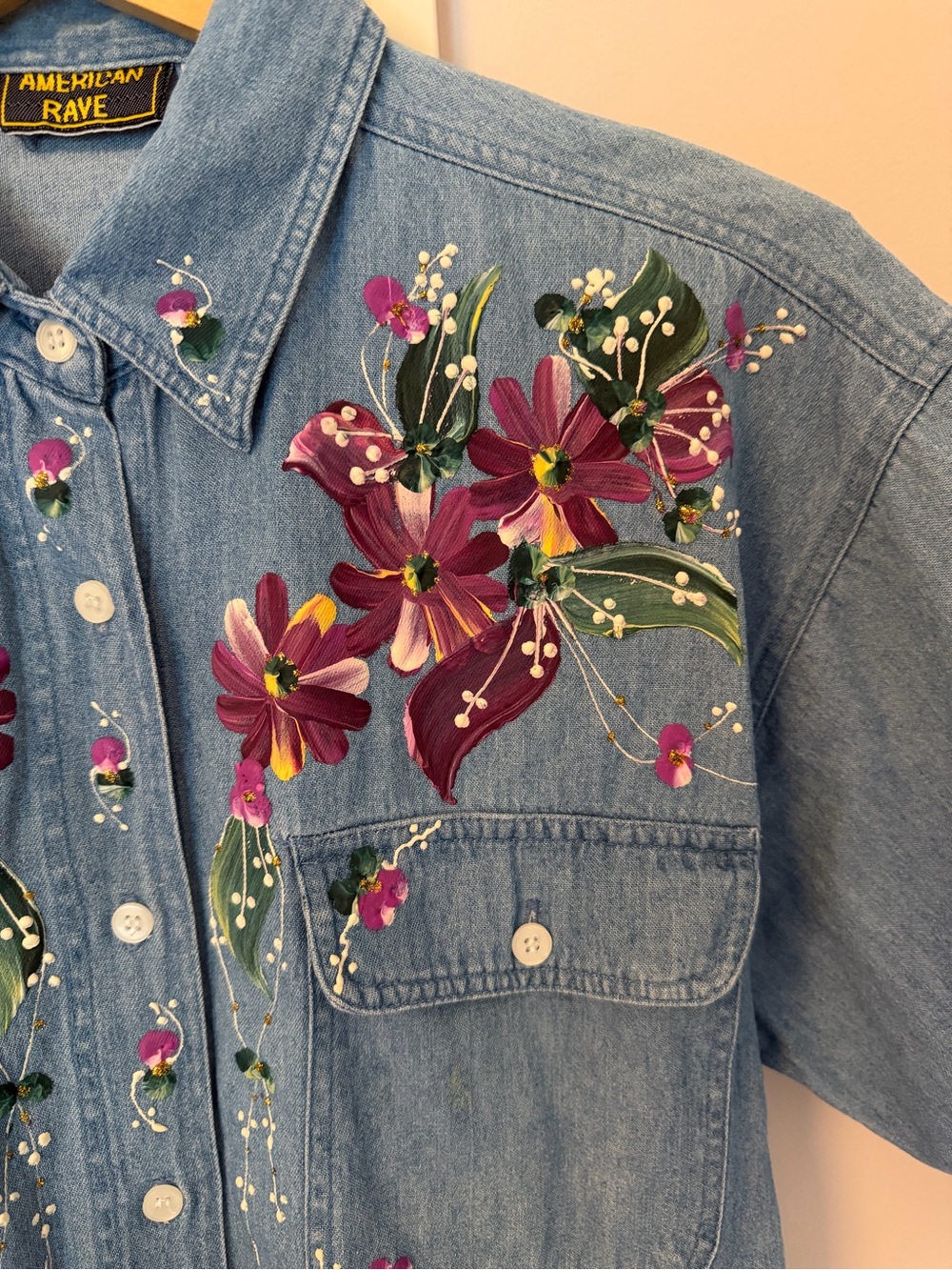 American Rave Vintage Blue Denim Shirt with Floral Painting Details